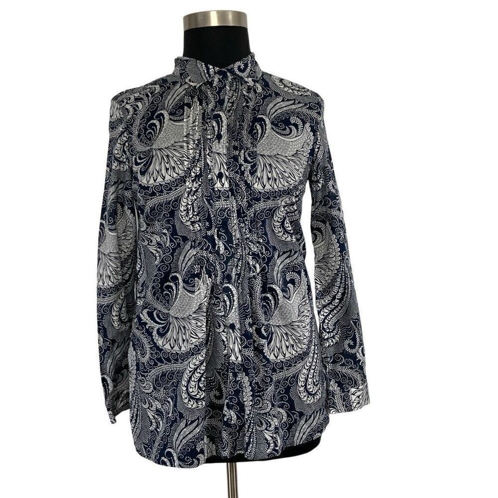 Talbots L Navy Paisley Button Down Top Pleated Oceanic Art to Wear Career Office